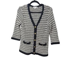 CAbi Coco Black White Crochet Knit Cardigan Sweater Classic Chic Size M